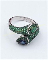 Sterling silver emerald, sapphire & diopside ring