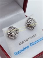 Sterling silver scrollwork diamond earrings
