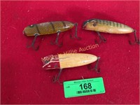 3 Vintage 30's Wooden Heddon Fishing Lures
