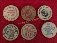 6 Vintage Wooden Nickel Tokens