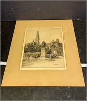 unframed signed etching Antwerp Cathedral