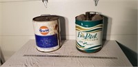 5gal Gulf and Five Point Oil Cans
