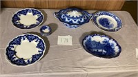 Flow Blue Transferware Plates and Serving Dish DEN