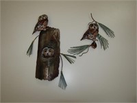 2pc Owls On Log Small Metal Wall Hanging Art