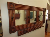 Wooden Wall Hanging Coat Hanger with 3 Mirrors and
