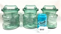 Vintage Trio Green Glass Canisters Handle Tops