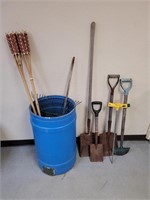 Garden tools with barrel, tikki torches