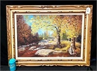 Vintage Framed Oil on Canvas Autumn Landscape