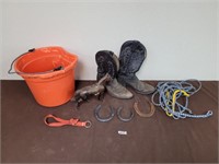 feed bucket. boots, metal horse and more