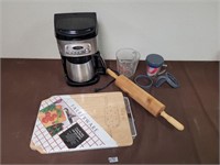 Wooden cutting board, coffe maker, and more`