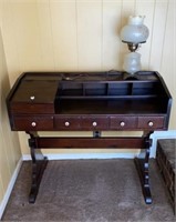 Antique Wood Desk & Lamp