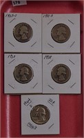 5 Washington Quarters 1935-S-1964-D
