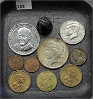 1924 Peace Dollar, misc US, sterling thimble, etc