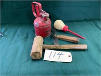 Justrite safety can, wood hammer and square
