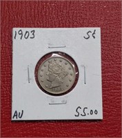 1903 Liberty V Nickel coin AU/UNC