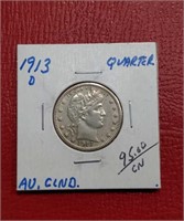1913-D Barber Silver Quarter AU (cleaned)
