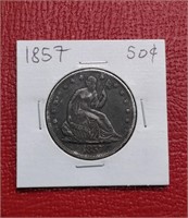 1857 Seated Liberty Silver half dollar coin