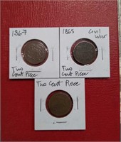 Collection of three Two Cent coins 1865-1867