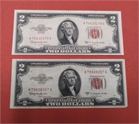 Pair of 1953-C $2 Red Seal US paper money
