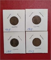 Collection of four 1909 Lincoln Wheat cent coins
