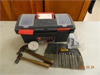 19" Plastic Tool Box with misc. tools & hardware