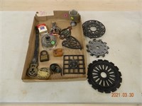 Cast Iron hot plkates, tins, bells, locks & antiqs