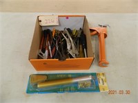 Assorted tools, caultgun, door closer, hand tools