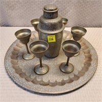 Vintage Brass Cocktail Shaker, 6 Goblets, Tray