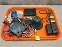 Tray Lot of Locks, Keys, Keychains Cast Iron Bell