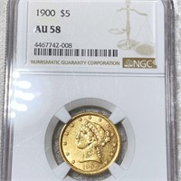 1900 $5 Gold Half Eagle NGC - AU58