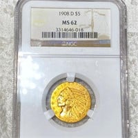 1908-D $5 Gold Half Eagle NGC - MS62