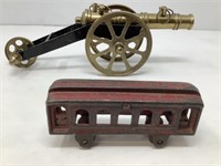 VTG Brass Cannon, VTG 5” Cast Iron Train Car(not