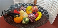 Glass fruit and vegetables  wrought iron basket