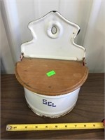 Enamel Salt Container w/wood lid marked SEL