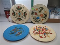 4 Vintage Hand Painted Wood Plates 12"