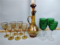 Amber decanter and six glasses and four goblets -