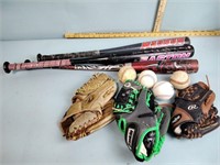 Baseballs, bats and mitts