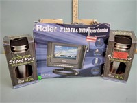 Steel pint glasses and a Haier " LCD TV&DVD