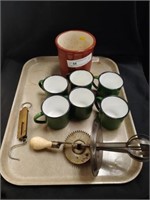 Enameled Mugs, Storage Crock, Hand Mixer