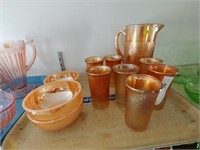 Marigold Carnival Glass Water Pitcher Set
