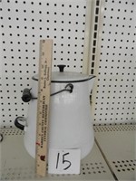 White Enamel coffee pot-wire wood handle-9" x 9"