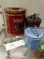 Paper Weight, Tobacco Tin, and Storage Crock,.