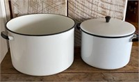 Two White Enamel Pots One w/lid