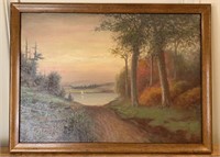 1914 Antique Painting Path Towards Pond