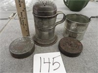 Vintage 2 cup sifter, England tin shaker & more