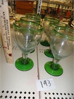 6 Green/clear stem ware water glasses