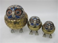 3 Brass & Pottery Owls - Tallest is 7" - Signed