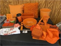 Assorted Orange Items - Pillows, Plastic Storage C