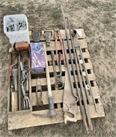 Pallet of Yard Tools & Metal Brackets