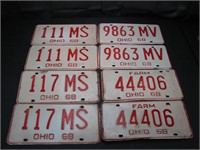 4 Pair 1968 Ohio License Plates